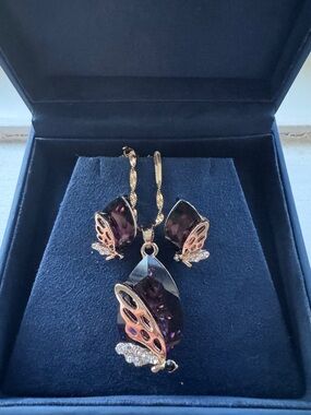 Mother’s Day 🎁Gold Butterfly Amethyst Pendant Necklace & Earring Set